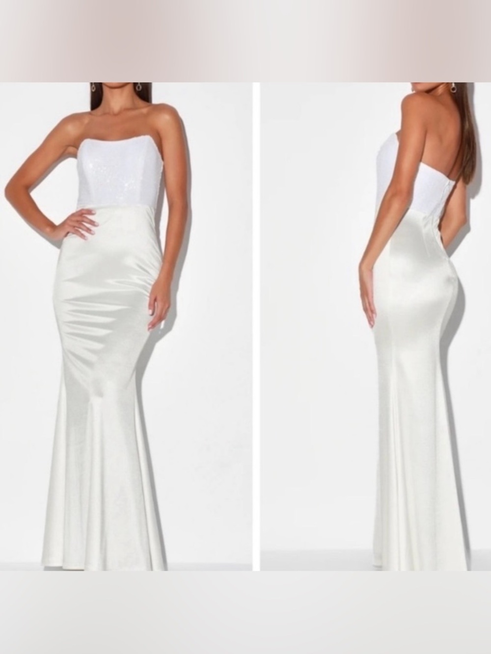Lulu’s Play To Sequin White Strapless Maxi Dress Gown Small